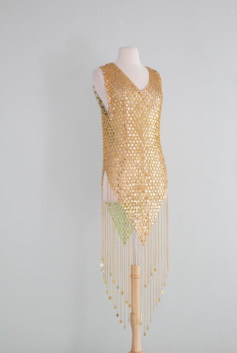 RARE Late 1960's Paco Rabanne Gold Chainmail Mini Dress And Headpiece / SM