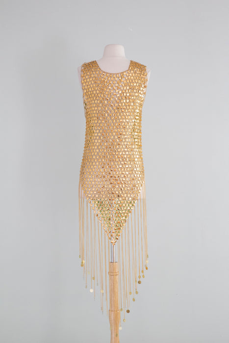 RARE Late 1960's Paco Rabanne Gold Chainmail Mini Dress And Headpiece / SM