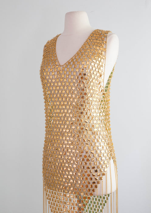 RARE Late 1960's Paco Rabanne Gold Chainmail Mini Dress And Headpiece / SM