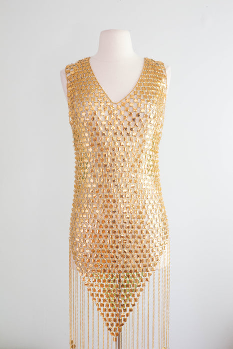 RARE Late 1960's Paco Rabanne Gold Chainmail Mini Dress And Headpiece / SM