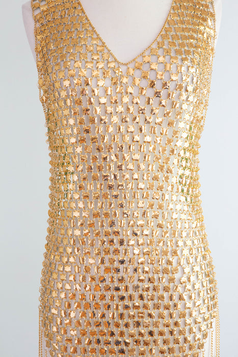 RARE Late 1960's Paco Rabanne Gold Chainmail Mini Dress And Headpiece / SM