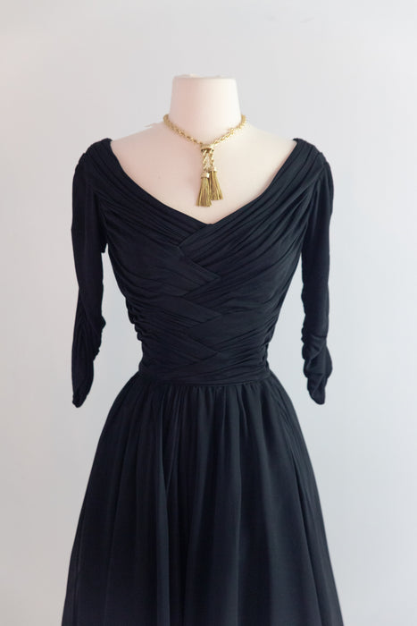 Iconic 1950's Ceil Chapman Midnight Blue Silk Chiffon Cocktail Dress / M