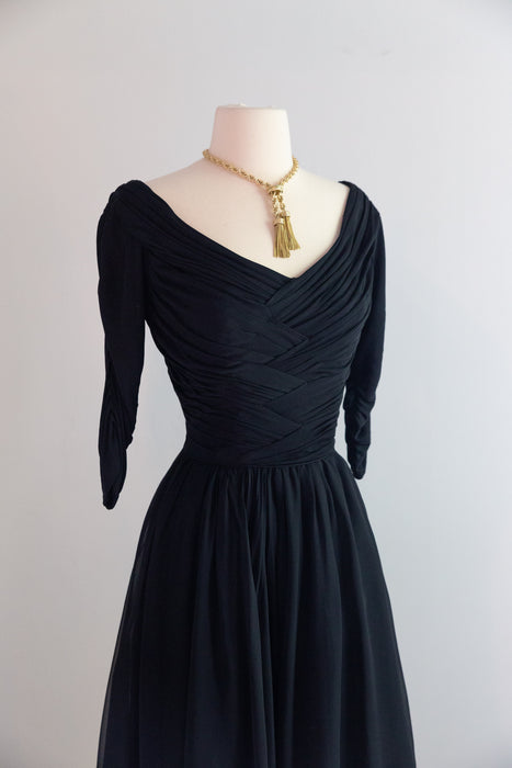 Iconic 1950's Ceil Chapman Midnight Blue Silk Chiffon Cocktail Dress / M