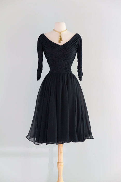 Iconic 1950's Ceil Chapman Midnight Blue Silk Chiffon Cocktail Dress / M