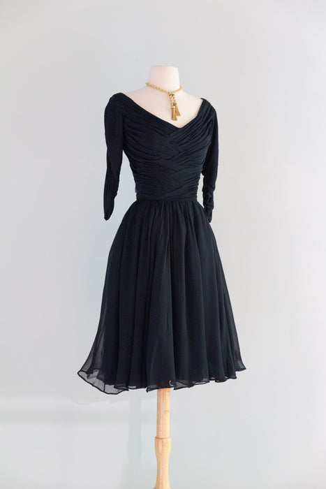 Iconic 1950's Ceil Chapman Midnight Blue Silk Chiffon Cocktail Dress / M