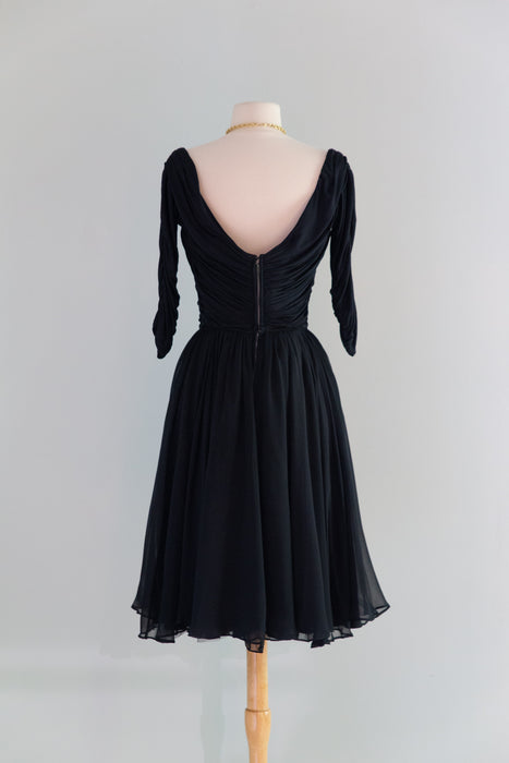 Iconic 1950's Ceil Chapman Midnight Blue Silk Chiffon Cocktail Dress / M