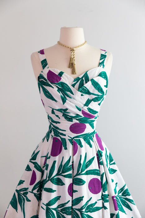 Fabulous Late 1950's Painterly Plum Print Summer Dress By Calypso / SM