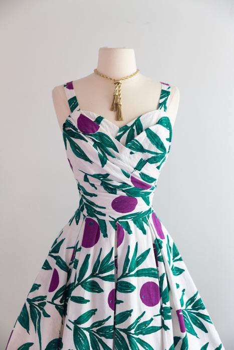 Fabulous Late 1950's Painterly Plum Print Summer Dress By Calypso / SM