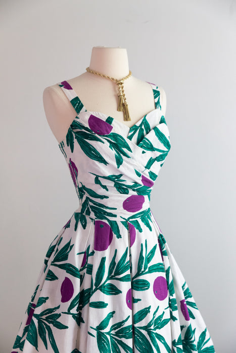 Fabulous Late 1950's Painterly Plum Print Summer Dress By Calypso / SM