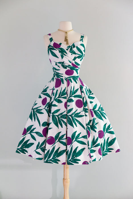 Fabulous Late 1950's Painterly Plum Print Summer Dress By Calypso / SM