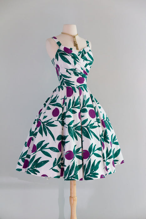 Fabulous Late 1950's Painterly Plum Print Summer Dress By Calypso / SM