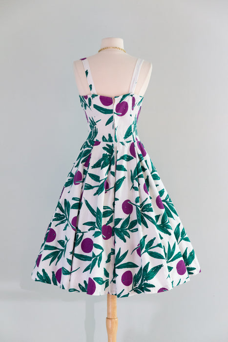 Fabulous Late 1950's Painterly Plum Print Summer Dress By Calypso / SM
