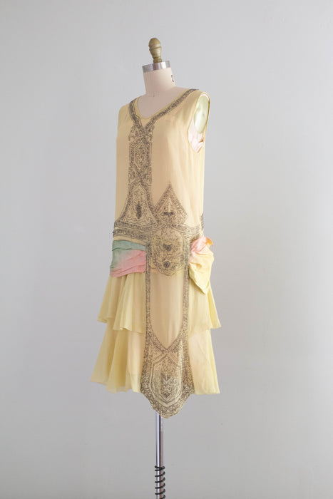 Exquisite 1920's Beaded Silk Flapper Dress In Pale Chartreuse  / Small