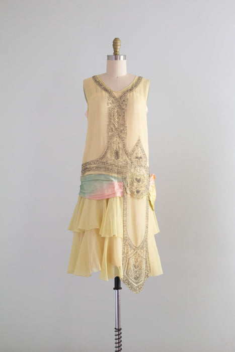Exquisite 1920's Beaded Silk Flapper Dress In Pale Chartreuse / Small Xtabay Vintage Exquisite 1920's Beaded Silk Flapper Dress In Pale Chartreuse / Small Xtabay Vintage