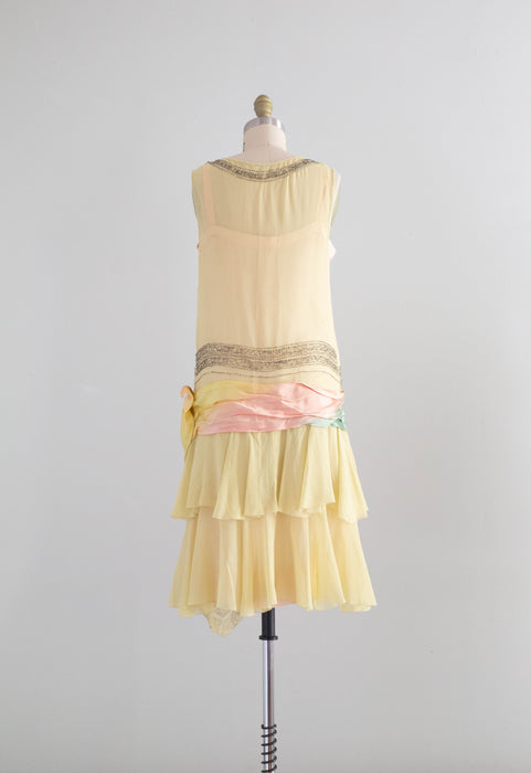 Exquisite 1920's Beaded Silk Flapper Dress In Pale Chartreuse  / Small