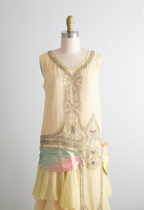 Exquisite 1920's Beaded Silk Flapper Dress In Pale Chartreuse  / Small