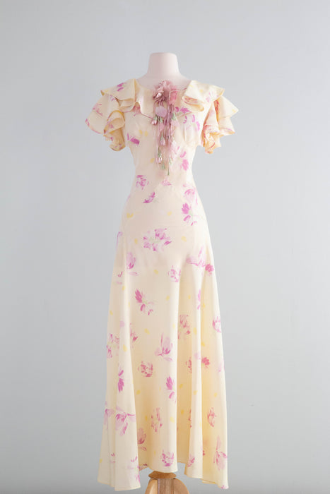 Dreamy 1930's Pale Yellow Floral Print Bias Cut Garden Party Gown / Me – Xtabay Vintage Dreamy 1930's Pale Yellow Floral Print Bias Cut Garden Party Gown / Me – Xtabay Vintage