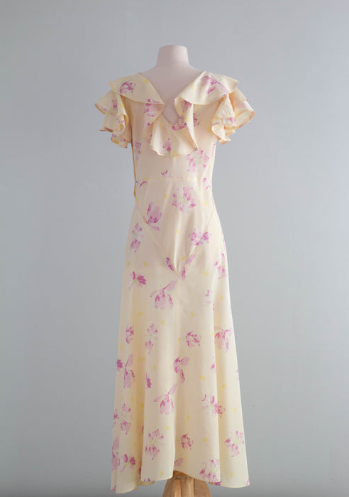 Dreamy 1930's Pale Yellow Floral Print Bias Cut Garden Party Gown / Medium