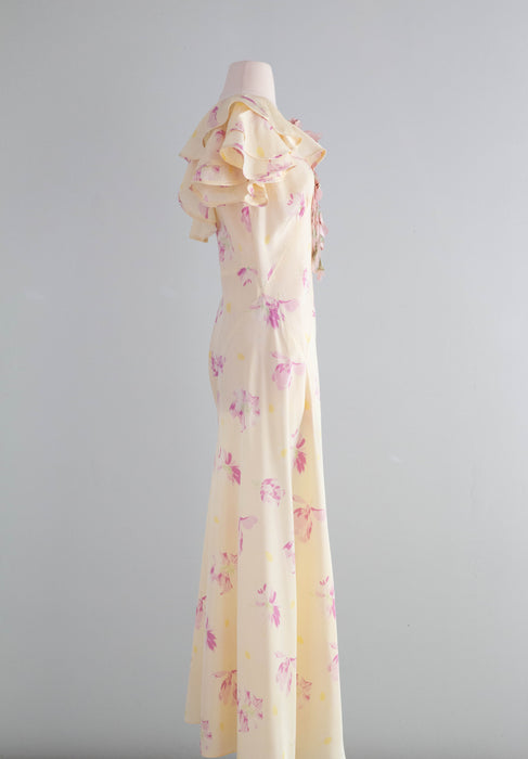 Dreamy 1930's Pale Yellow Floral Print Bias Cut Garden Party Gown / Medium