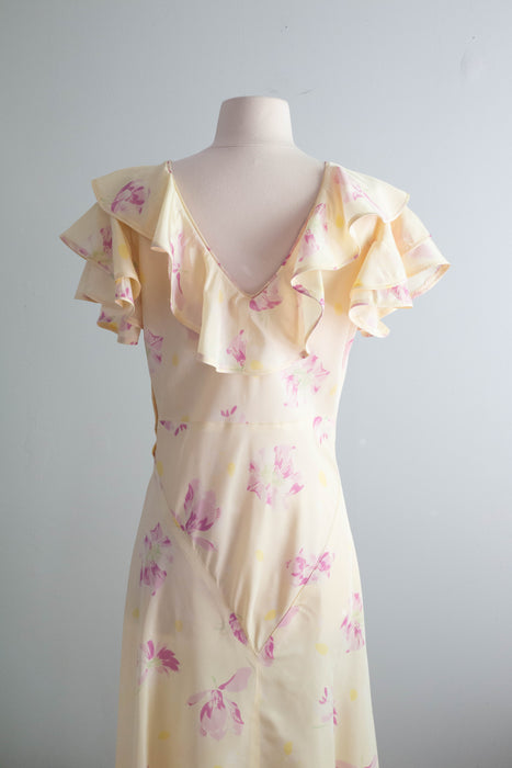 Dreamy 1930's Pale Yellow Floral Print Bias Cut Garden Party Gown / Medium