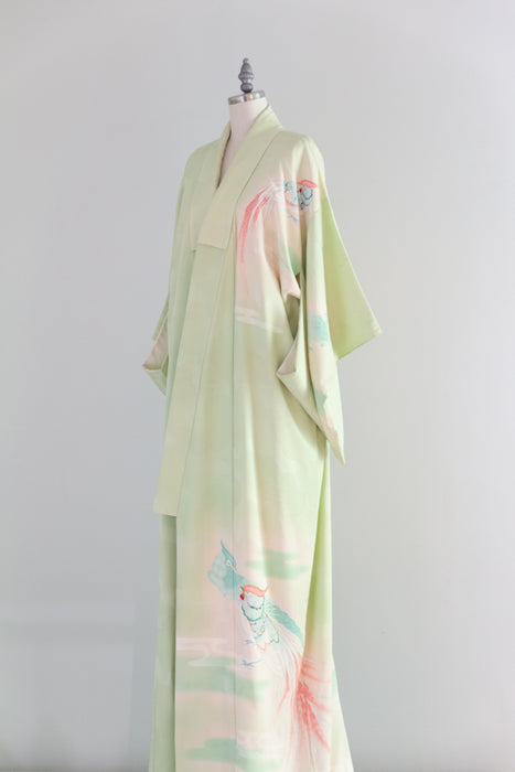 Stunning Vintage Celadon Green Silk Kimono With Hand Painted Birds / OS