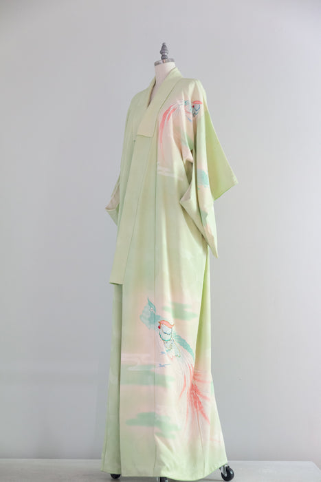 Stunning Vintage Celadon Green Silk Kimono With Hand Painted Birds / OS