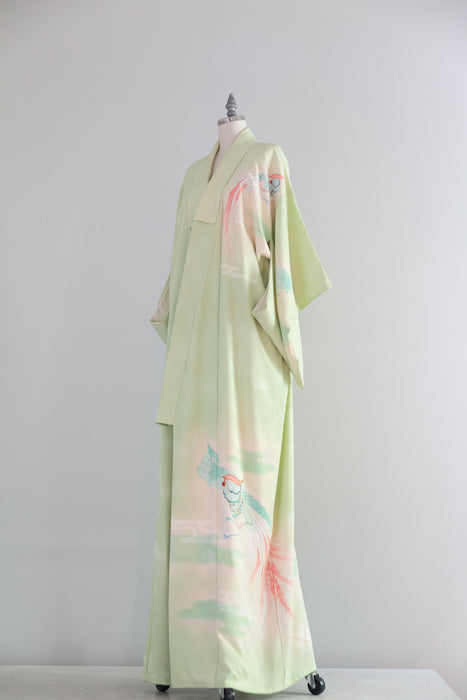 Stunning Vintage Celadon Green Silk Kimono With Hand Painted Birds / OS