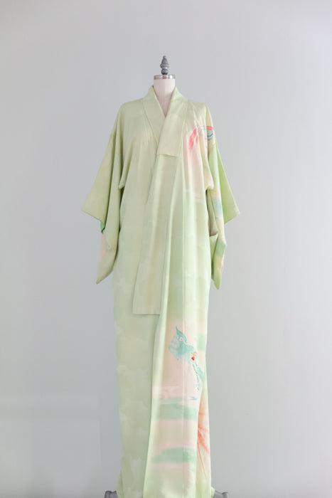 Stunning Vintage Celadon Green Silk Kimono With Hand Painted Birds / OS