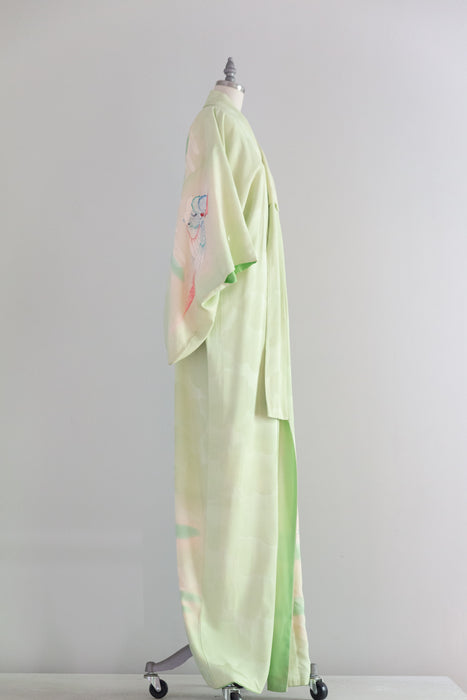 Stunning Vintage Celadon Green Silk Kimono With Hand Painted Birds / OS