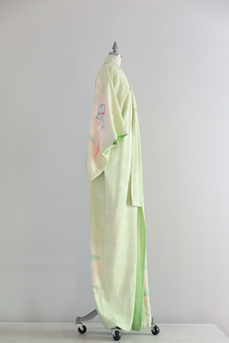 Stunning Vintage Celadon Green Silk Kimono With Hand Painted Birds / OS