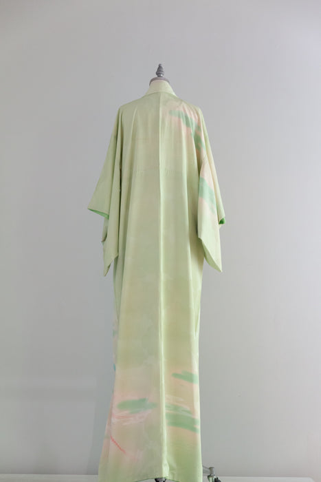 Stunning Vintage Celadon Green Silk Kimono With Hand Painted Birds / OS