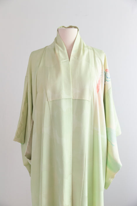 Stunning Vintage Celadon Green Silk Kimono With Hand Painted Birds / OS