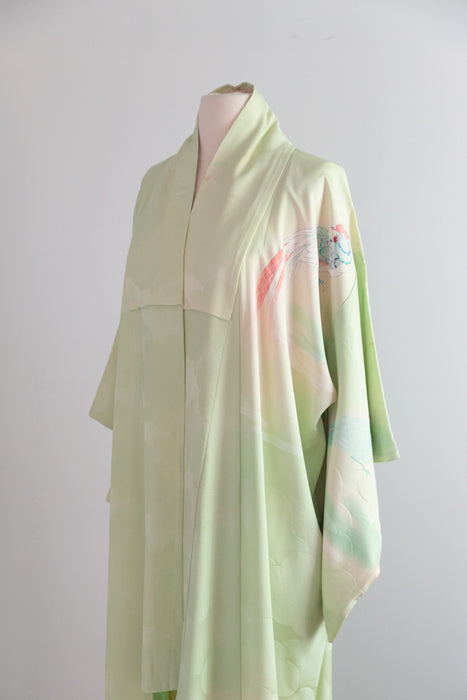 Stunning Vintage Celadon Green Silk Kimono With Hand Painted Birds / OS