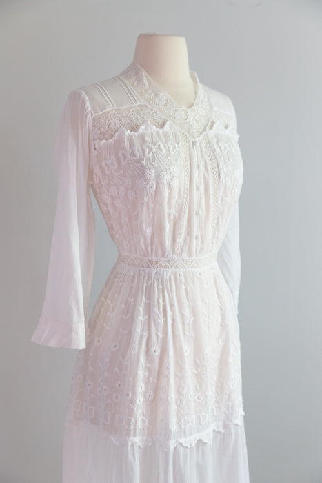 Enchanting Antique Edwardian Embroidered Cotton Lawn Dress With Bows & Bouquets / XS