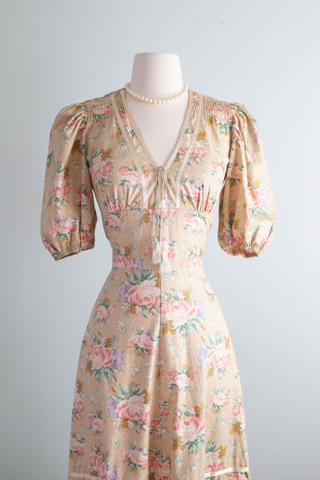 Romantic 1970's Rose Print Prairie Dress By Foxy Lady / SM