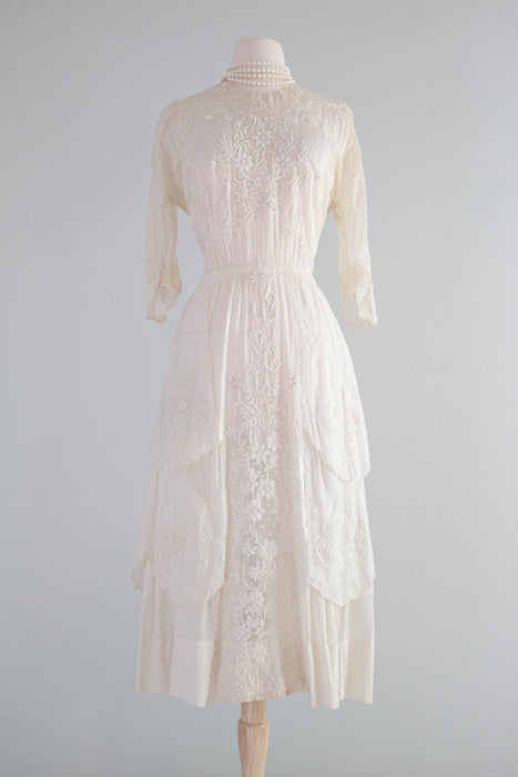 Exquisite Embroidered Edwardian Cotton Lawn Afternoon Tea Dress / SM