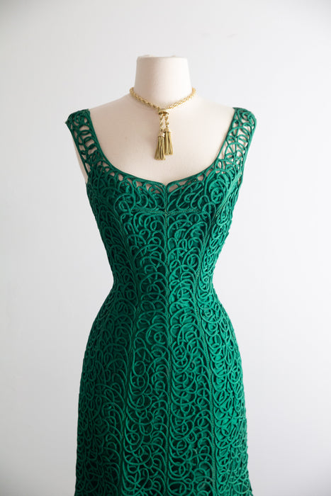 Stunning 1950's Emerald Green Swirling Soutache Cocktail Dress By Samuel Winston / S