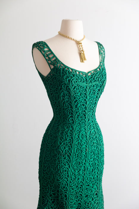 Stunning 1950's Emerald Green Swirling Soutache Cocktail Dress By Samuel Winston / S