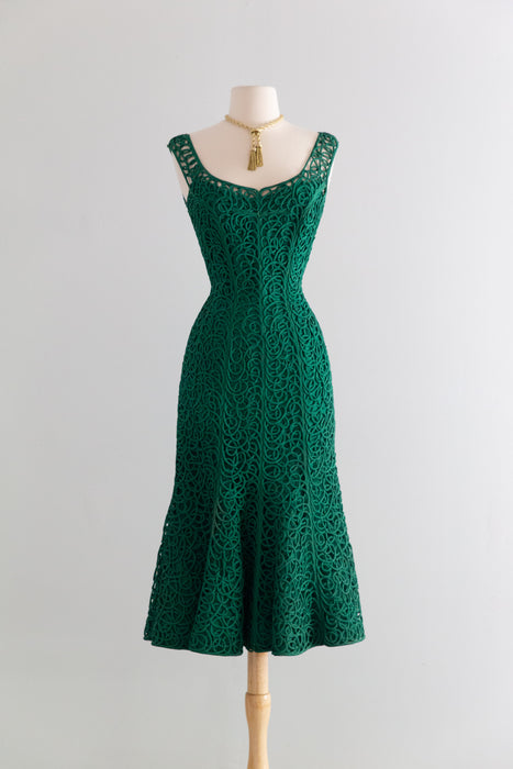 Stunning 1950's Emerald Green Swirling Soutache Cocktail Dress By Samu Xtabay Vintage Stunning 1950's Emerald Green Swirling Soutache Cocktail Dress By Samu Xtabay Vintage