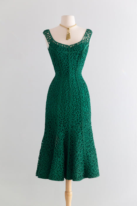 Stunning 1950's Emerald Green Swirling Soutache Cocktail Dress By Samuel Winston / S