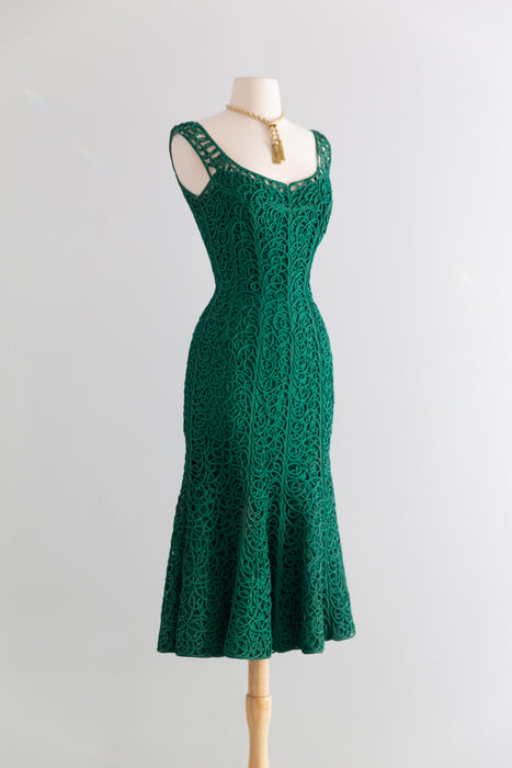 Stunning 1950's Emerald Green Swirling Soutache Cocktail Dress By Samuel Winston / S