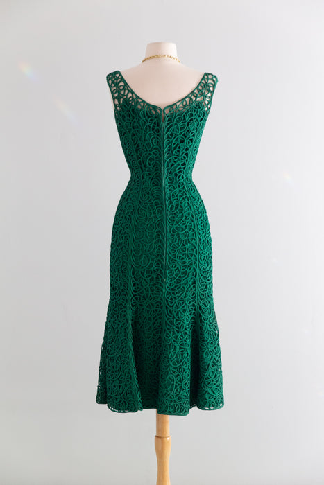 Stunning 1950's Emerald Green Swirling Soutache Cocktail Dress By Samuel Winston / S