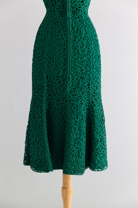 Stunning 1950's Emerald Green Swirling Soutache Cocktail Dress By Samuel Winston / S