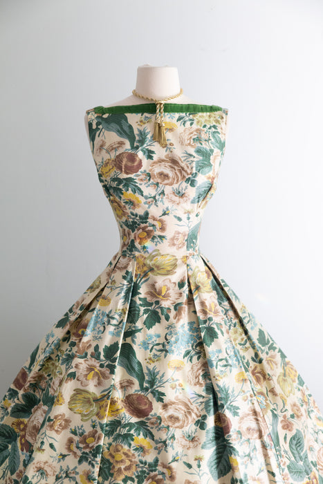 Fabulous 1950's Bucolic Floral Print Dress In Glossy Cotton Chintz / SM