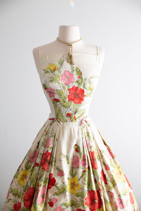 Gorgeous Late 1950's Birds & Flowers Polished Cotton Party Dress / SM