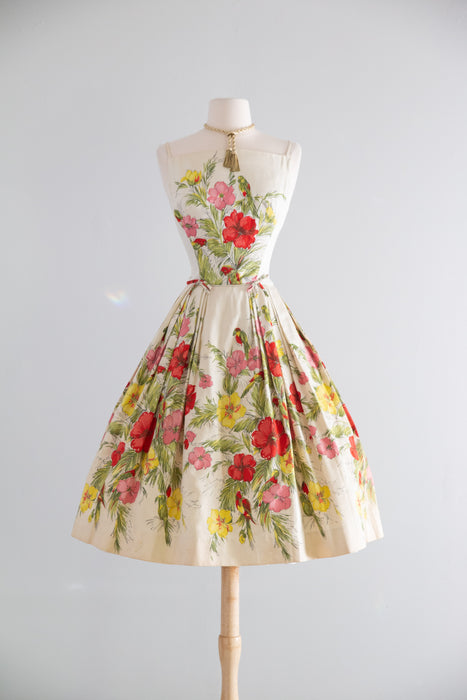 Gorgeous Late 1950's Birds & Flowers Polished Cotton Party Dress / SM