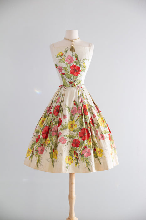 Gorgeous Late 1950's Birds & Flowers Polished Cotton Party Dress / SM Xtabay Vintage Gorgeous Late 1950's Birds & Flowers Polished Cotton Party Dress / SM Xtabay Vintage