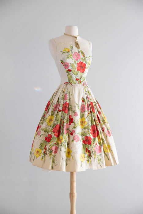 Gorgeous Late 1950's Birds & Flowers Polished Cotton Party Dress / SM