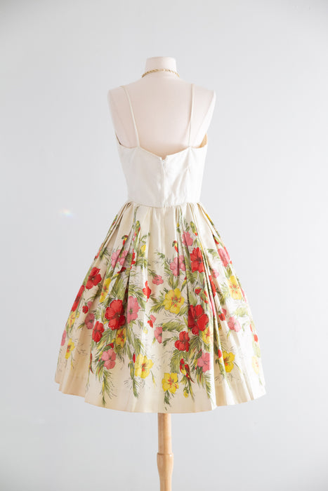 Gorgeous Late 1950's Birds & Flowers Polished Cotton Party Dress / SM