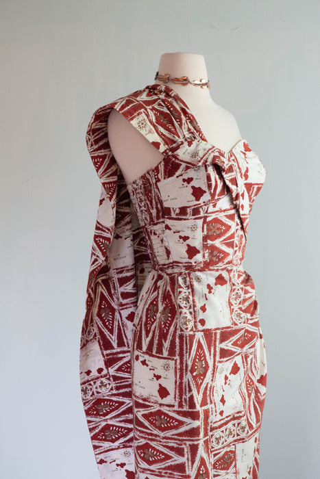 Iconic 1950's Alfred Shaheen Hawaiian Sarong Dress With Shoulder Swag / SM